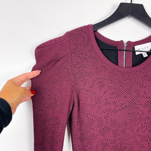 MILLY Size 8 Knee Length Dress Bodycon Fitted Puff Sleeve Maroon Red Knit - Picture 2 of 8